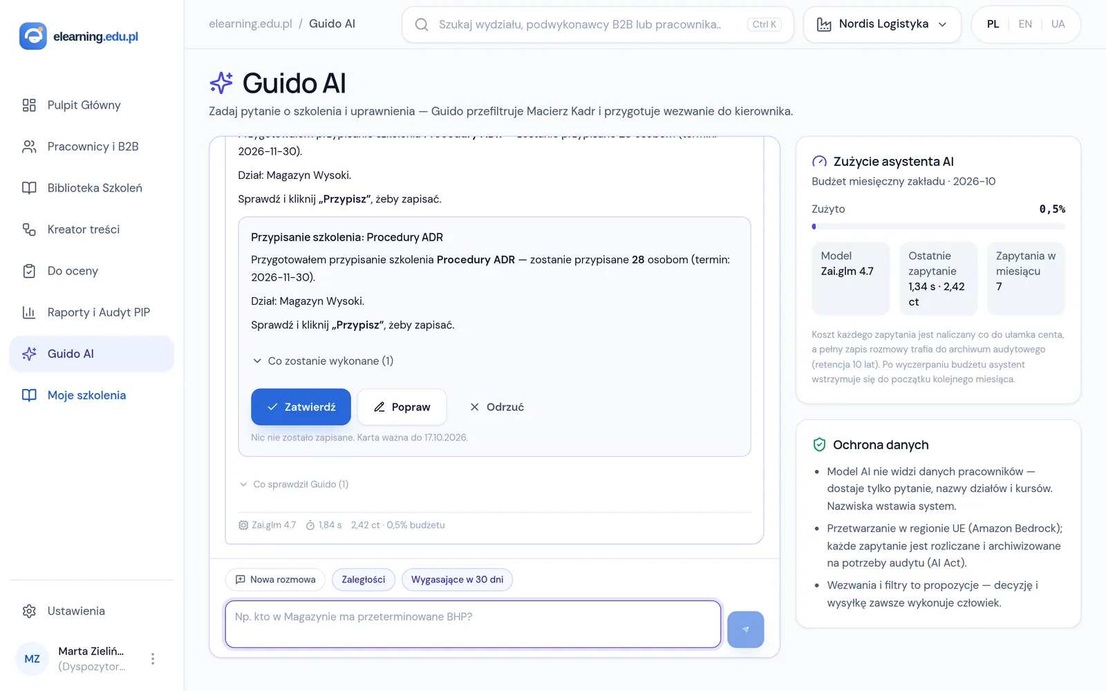 Guido AI w panelu: przygotowany przydział szkolenia Procedury ADR dla 28 osób z działu Magazyn Wysoki, przyciski Zatwierdź, Popraw, Odrzuć