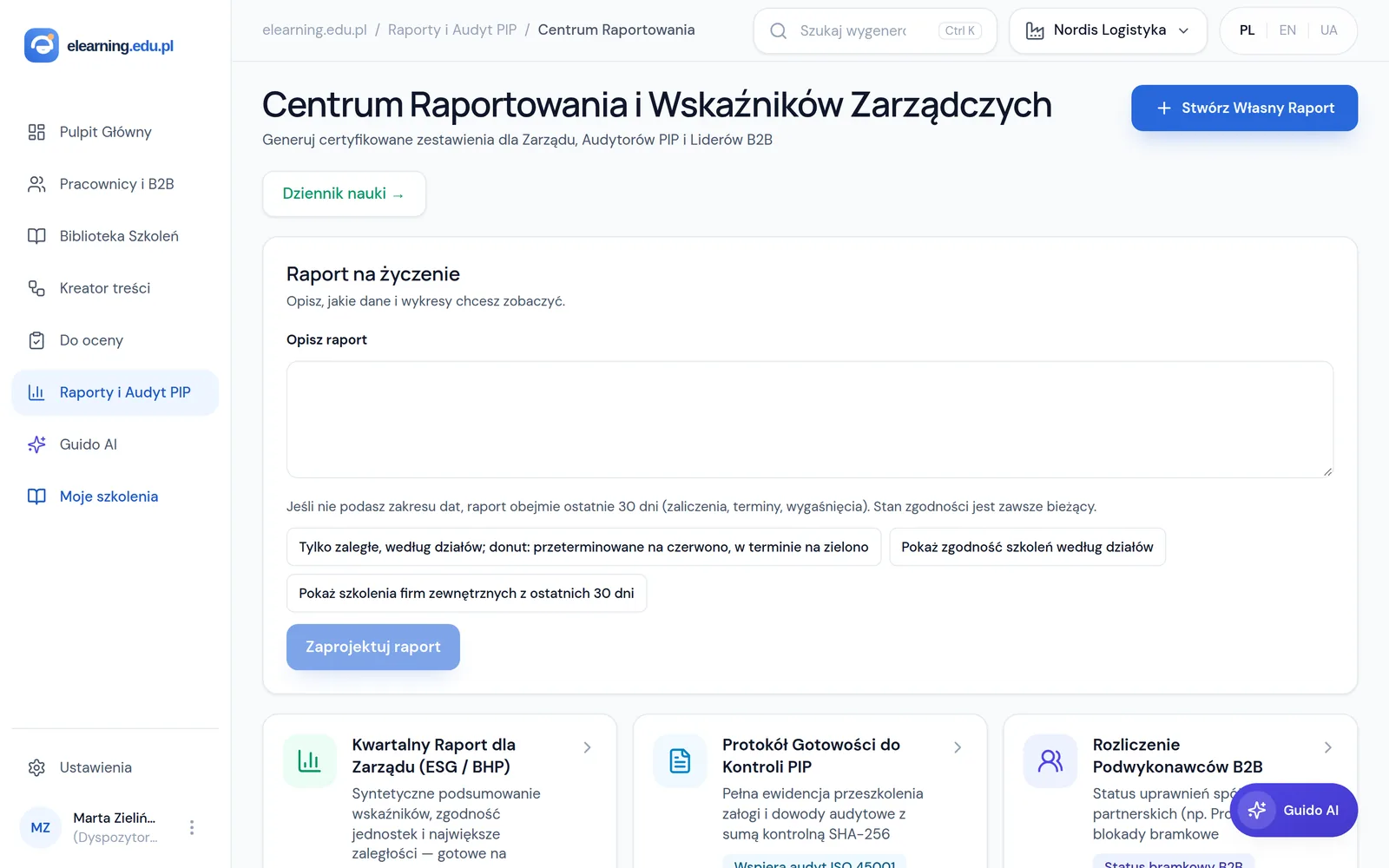 Centrum raportów: raport opisany własnymi słowami, raport dla zarządu, protokół na kontrolę PIP i rozliczenie podwykonawców